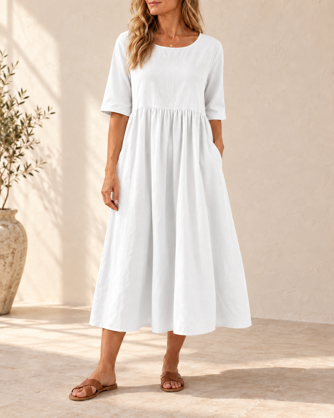 Sage | Gathered Midi Dress — White