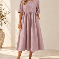 Sage | Gathered Midi Dress — Dusty Pink