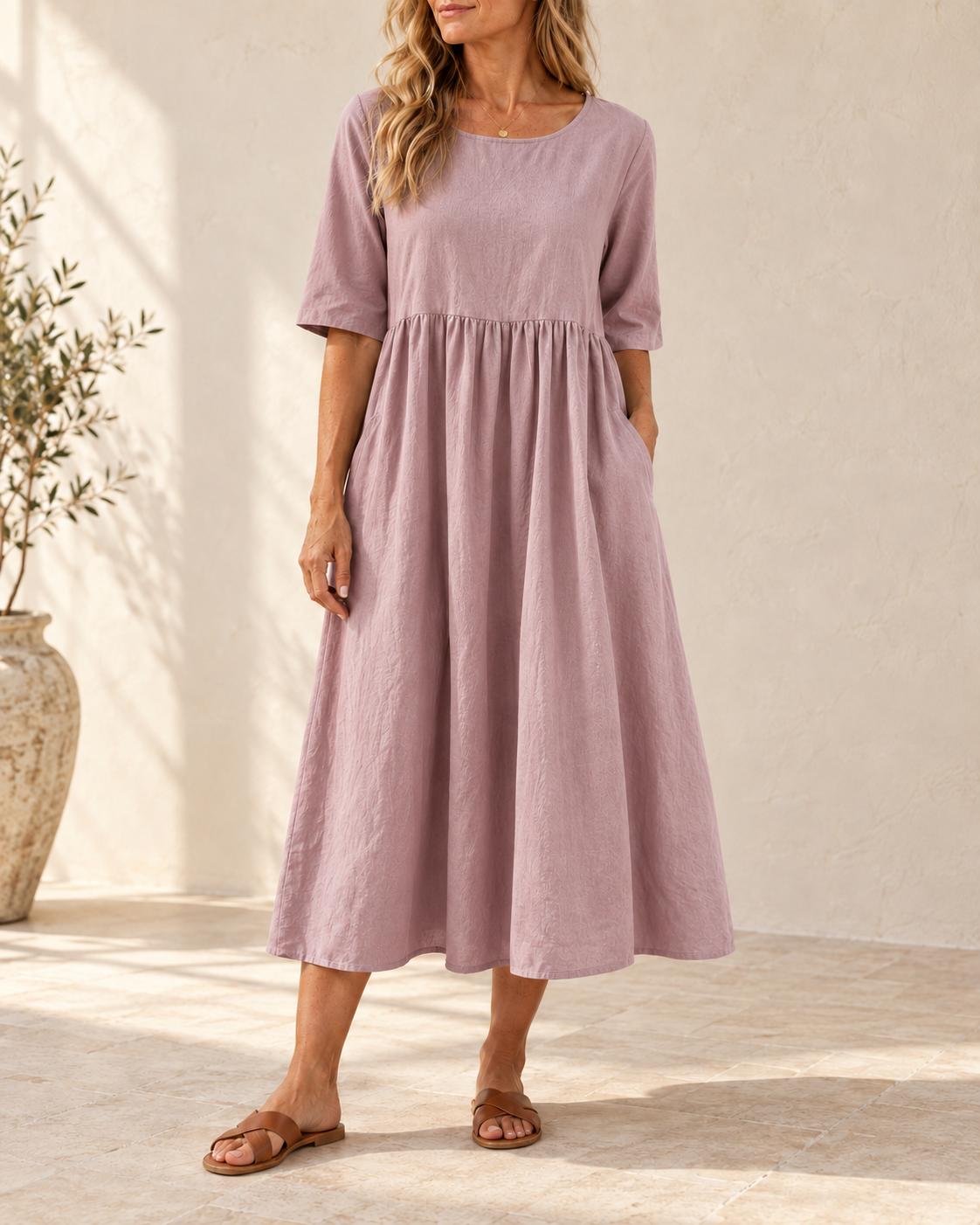Sage | Gathered Midi Dress — Dusty Pink
