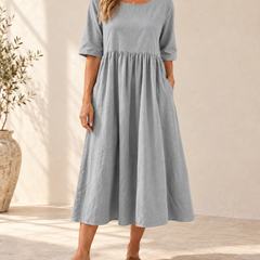 Sage | Gathered Midi Dress — Light Gray