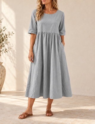 Sage | Gathered Midi Dress — Light Gray