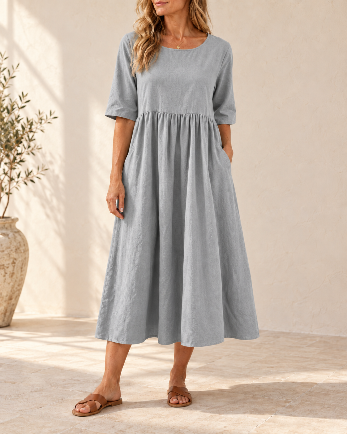 Sage | Gathered Midi Dress — Light Gray