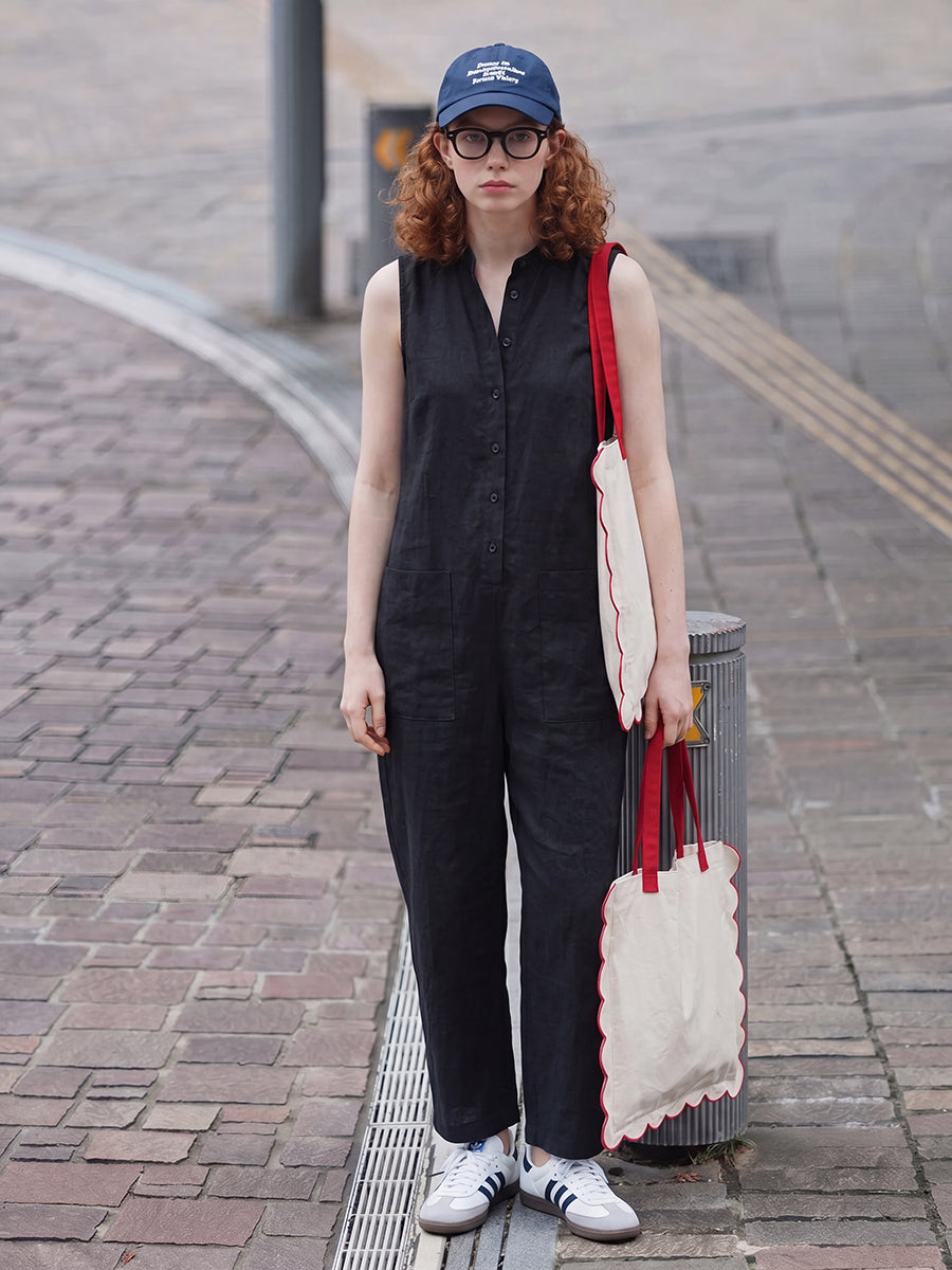High-Waist Stand-Collar Button-Detail Pocket Jumpsuit