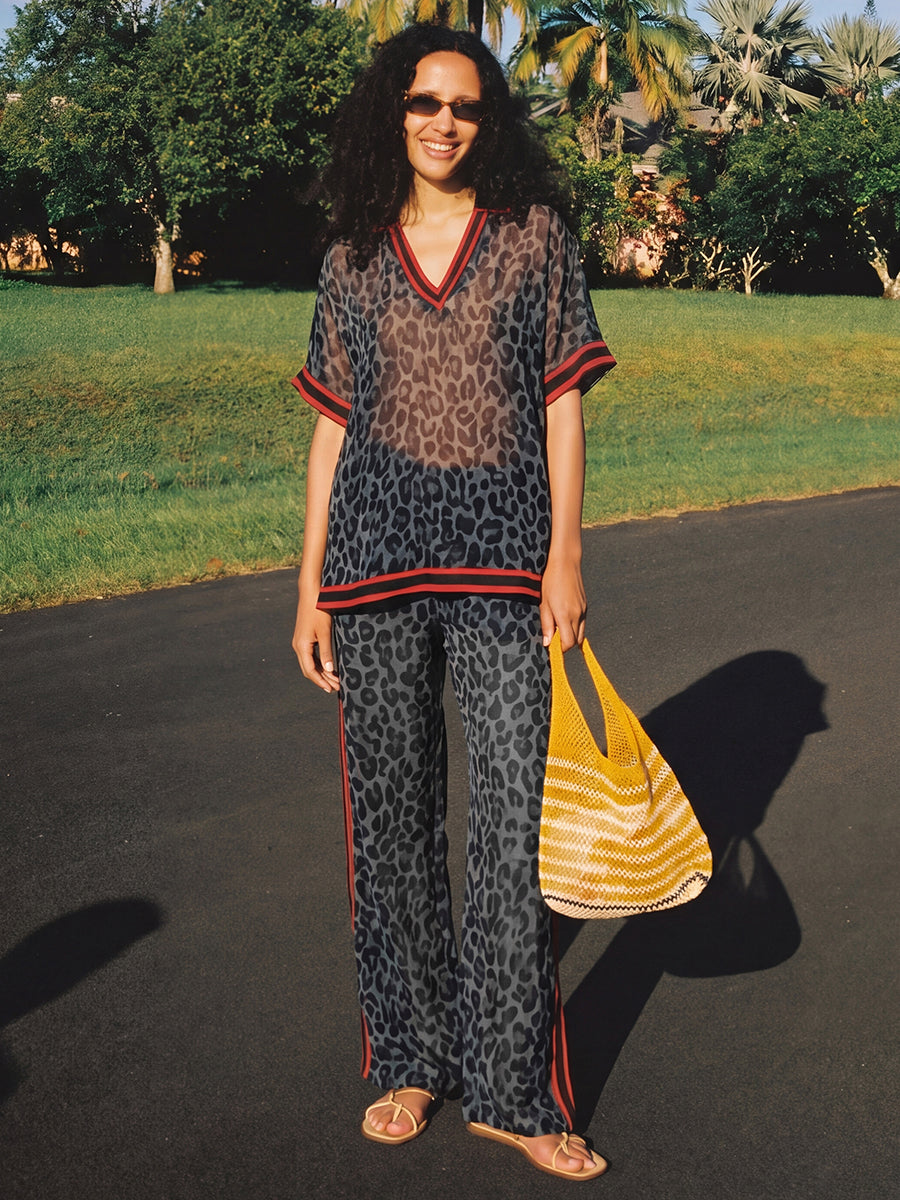 Leopard Print Striped Wide-Leg Pocket Pants