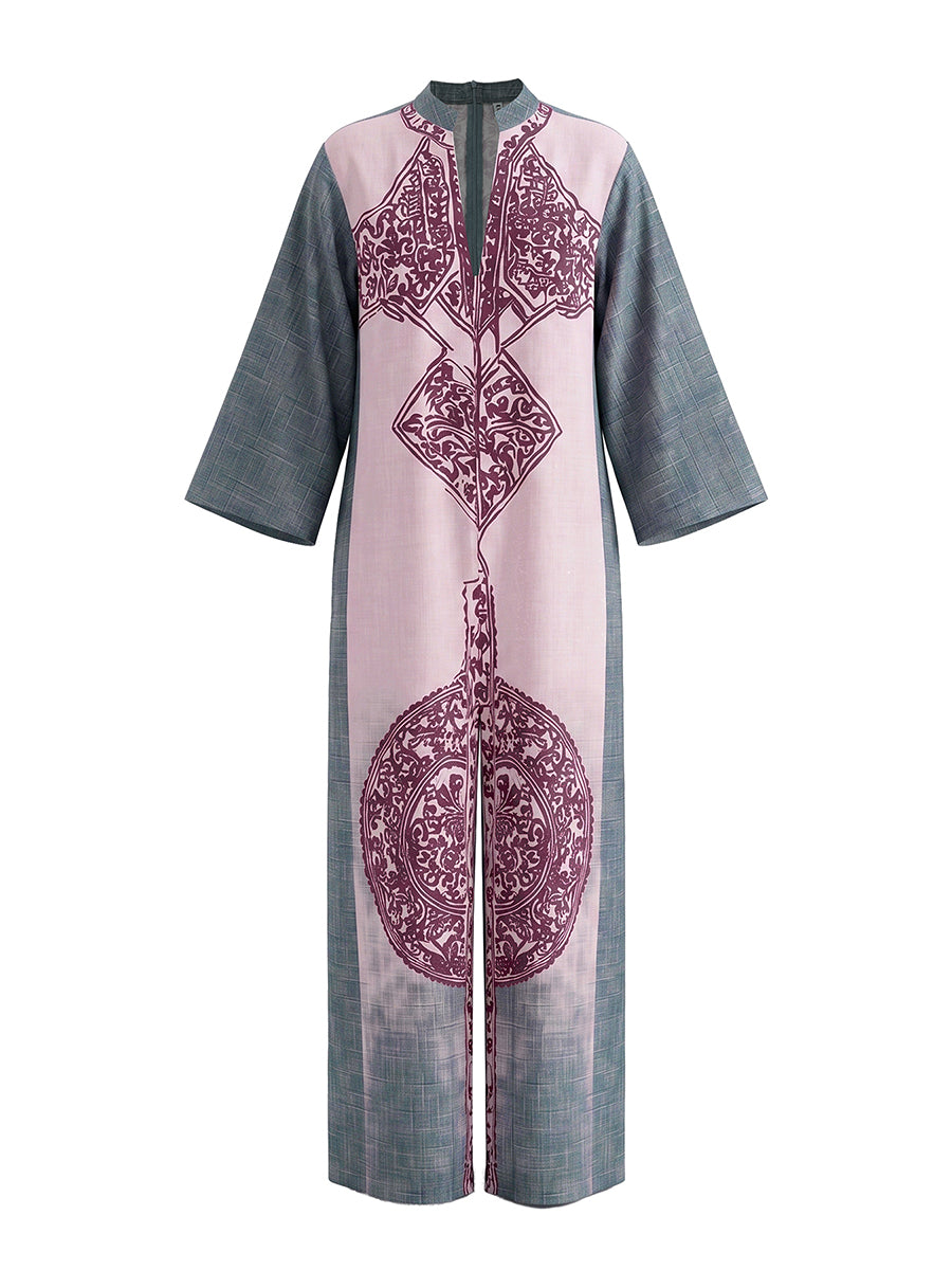 Printed V-Neck Pocket Three-Quarter Sleeve Jumpsuit