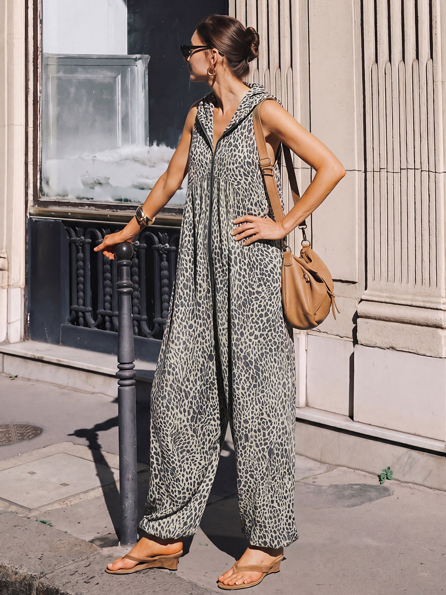 Leopard Print High-Waist Hooded Pleated Jumpsuit