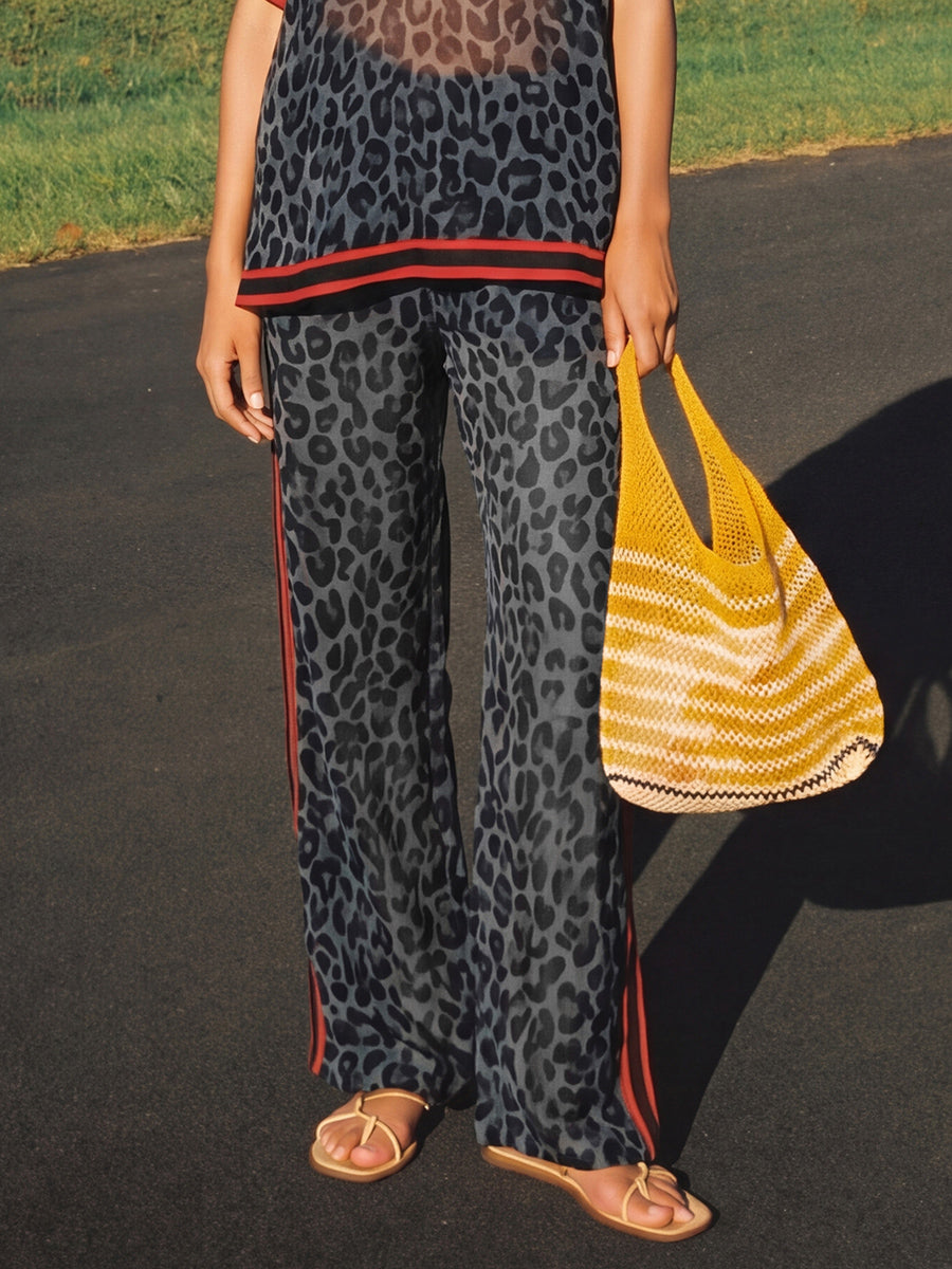 Leopard Print Striped Wide-Leg Pocket Pants