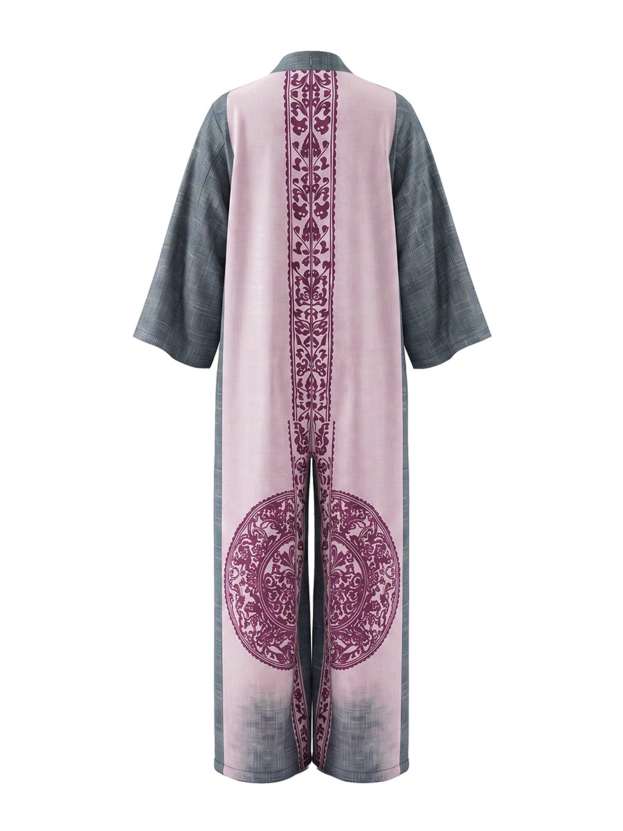 Printed V-Neck Pocket Three-Quarter Sleeve Jumpsuit