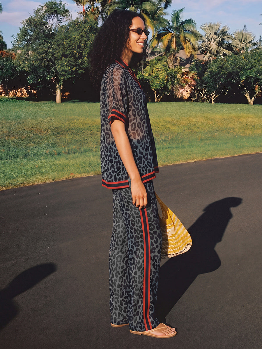 Leopard Print Striped Wide-Leg Pocket Pants