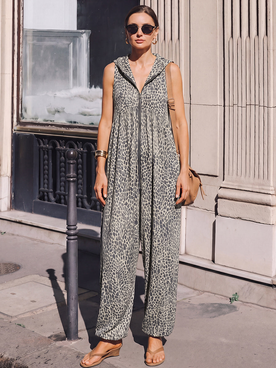 Leopard Print High-Waist Hooded Pleated Jumpsuit