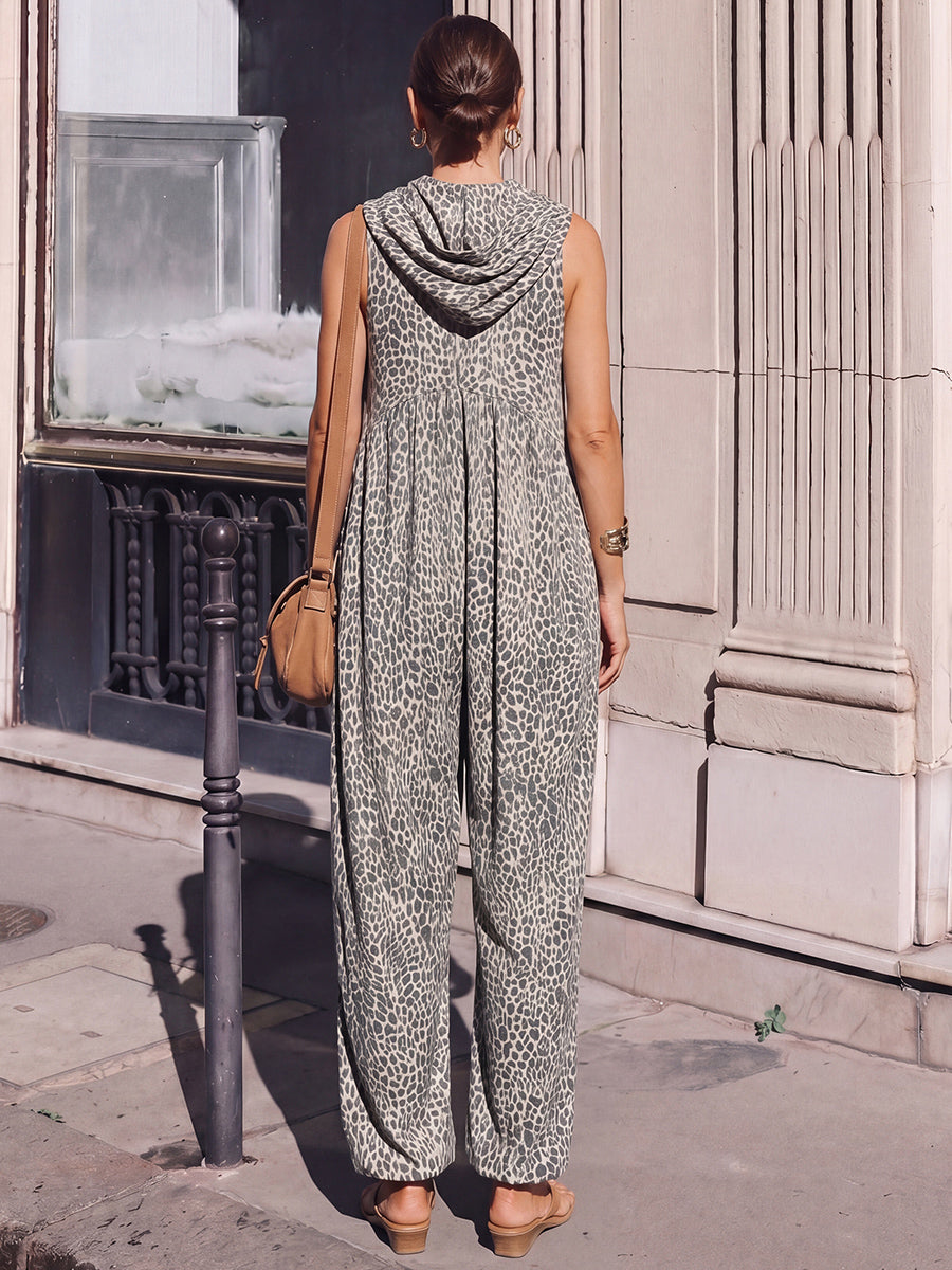 Leopard Print High-Waist Hooded Pleated Jumpsuit