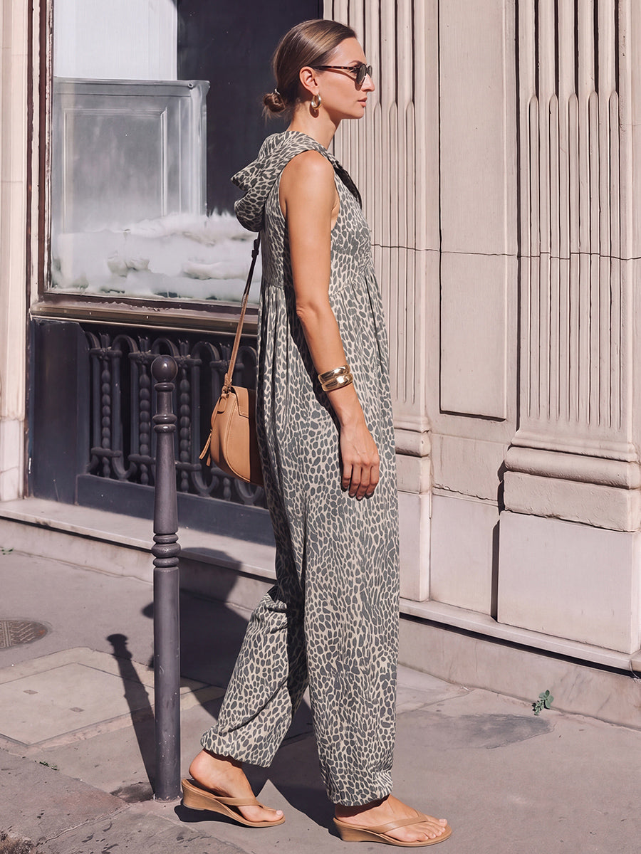 Leopard Print High-Waist Hooded Pleated Jumpsuit