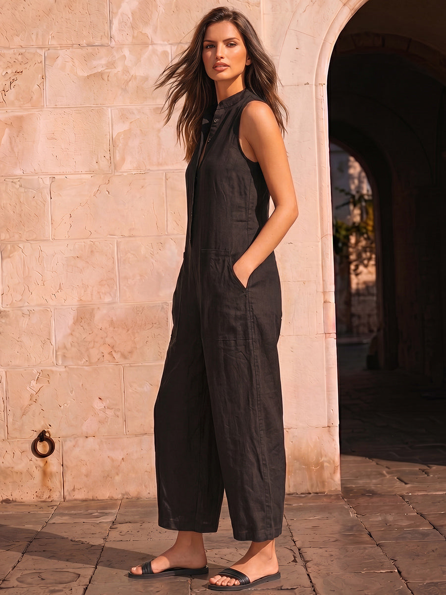 High-Waist Stand-Collar Button-Detail Pocket Jumpsuit