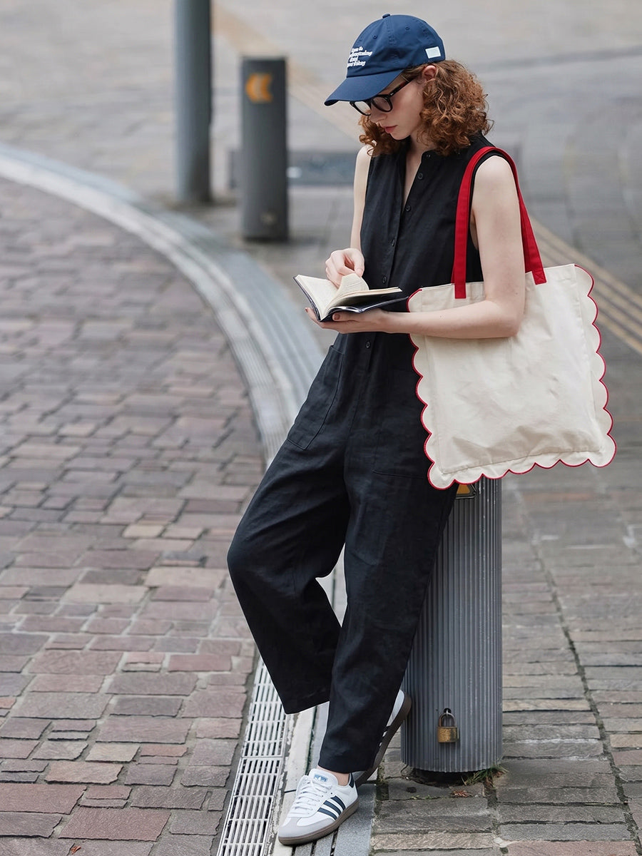 High-Waist Stand-Collar Button-Detail Pocket Jumpsuit