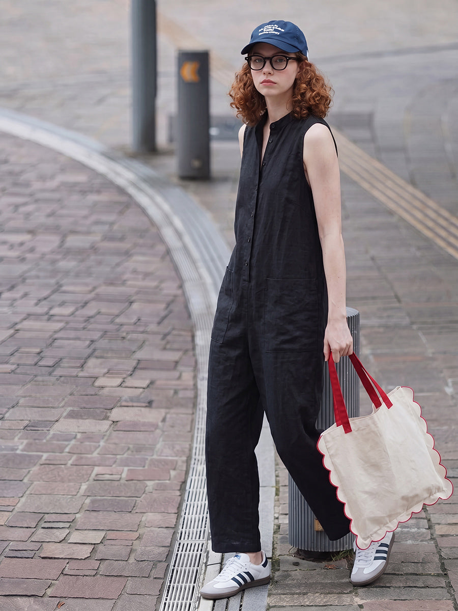 High-Waist Stand-Collar Button-Detail Pocket Jumpsuit