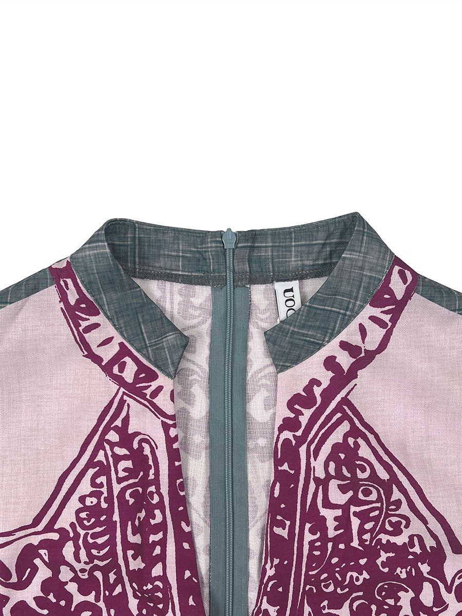 Printed V-Neck Pocket Three-Quarter Sleeve Jumpsuit