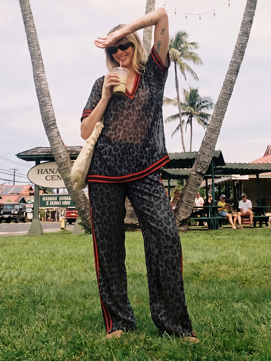 Leopard Print Striped Wide-Leg Pocket Pants