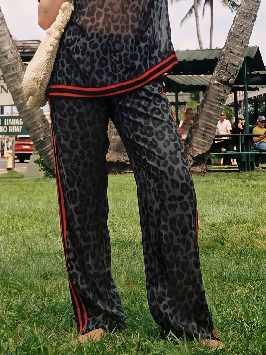 Leopard Print Striped Wide-Leg Pocket Pants