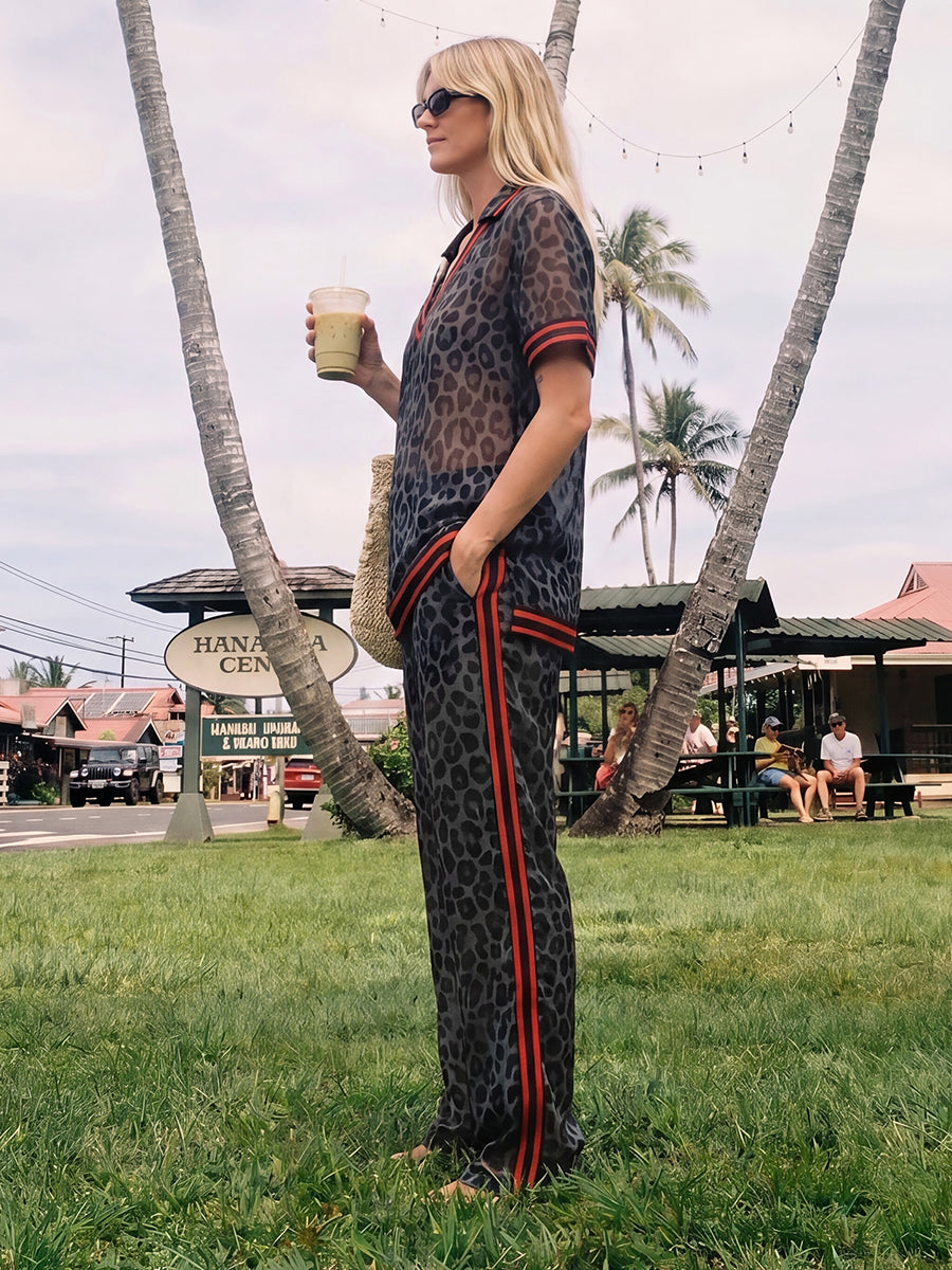Leopard Print Striped Wide-Leg Pocket Pants