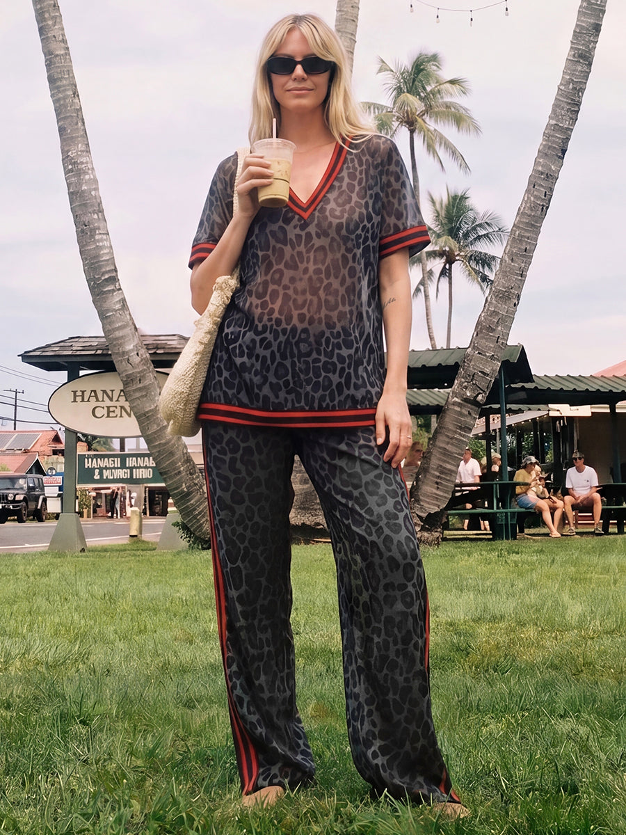 Leopard Print Striped Wide-Leg Pocket Pants