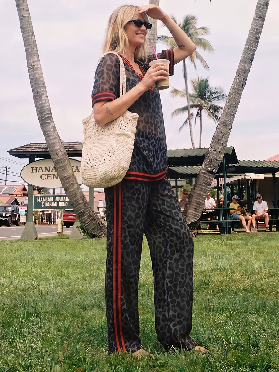 Leopard Print Striped Wide-Leg Pocket Pants