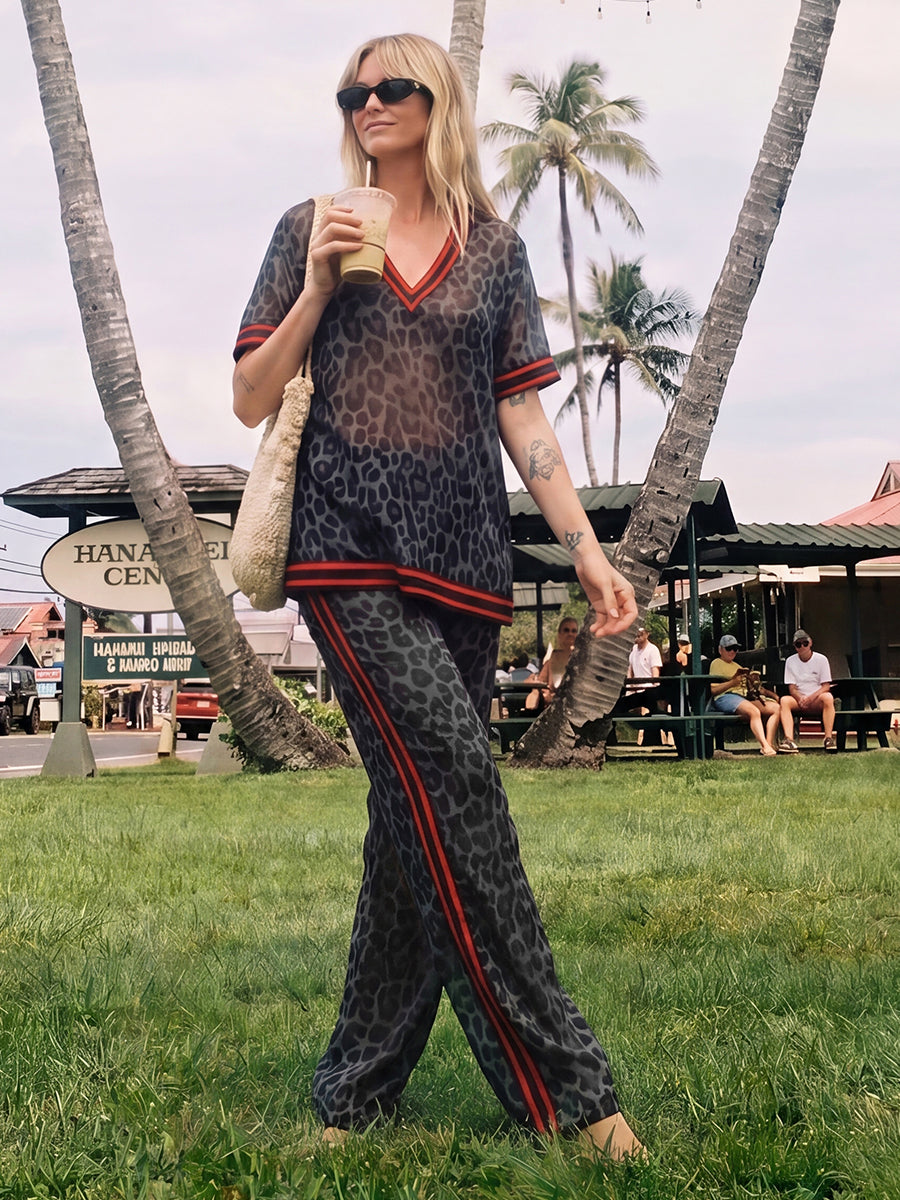 Leopard Print Striped Wide-Leg Pocket Pants